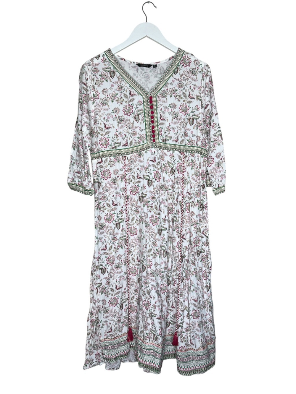 EASYBUY Paisley Traditional Kurta Ivory Midi Boho Dress Large V-Neck Floral